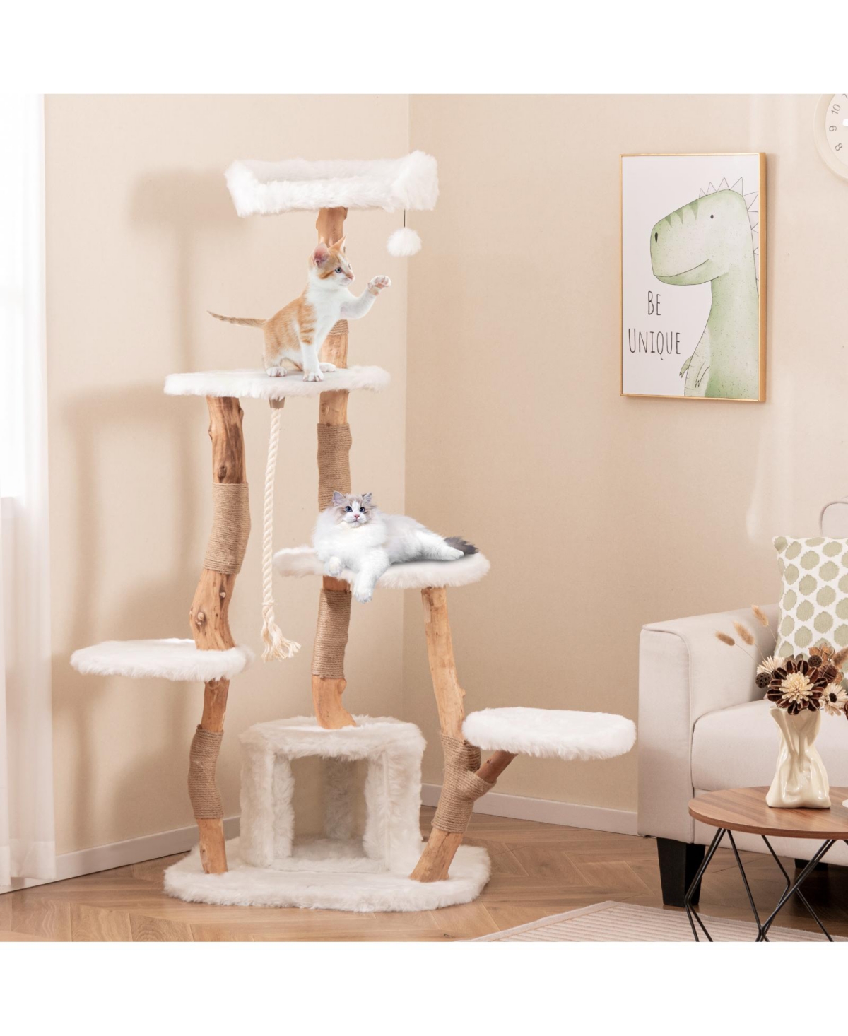 Skonyon 66 Inch Tall Solid Wood Cat Tree Modern Wooden Cat Tower with Perch
