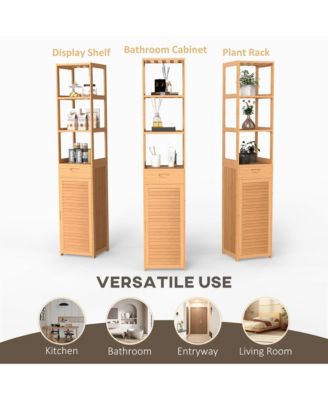 Bamboo Tall Slim Bathroom Cabinet with Drawer and Slatted Shelves