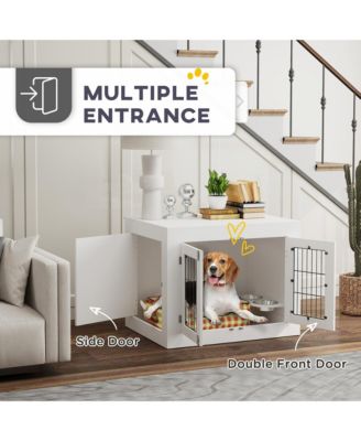 Dog Crate Furniture with 360° Rotatable Removable Dog Bowls,