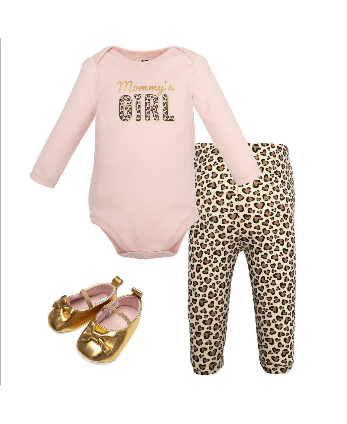 Hudson Baby Girls Cotton Bodysuit, Pant and Shoe Set, Leopard Hearts Girls, 9-12 Months