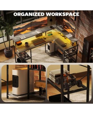 L Shaped Desk with LED Lights and Power Outlets Gaming Desk
