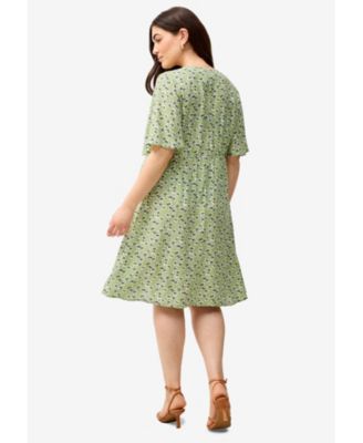 Women's Plus Size V-Neck Empire Dress With Button Trim