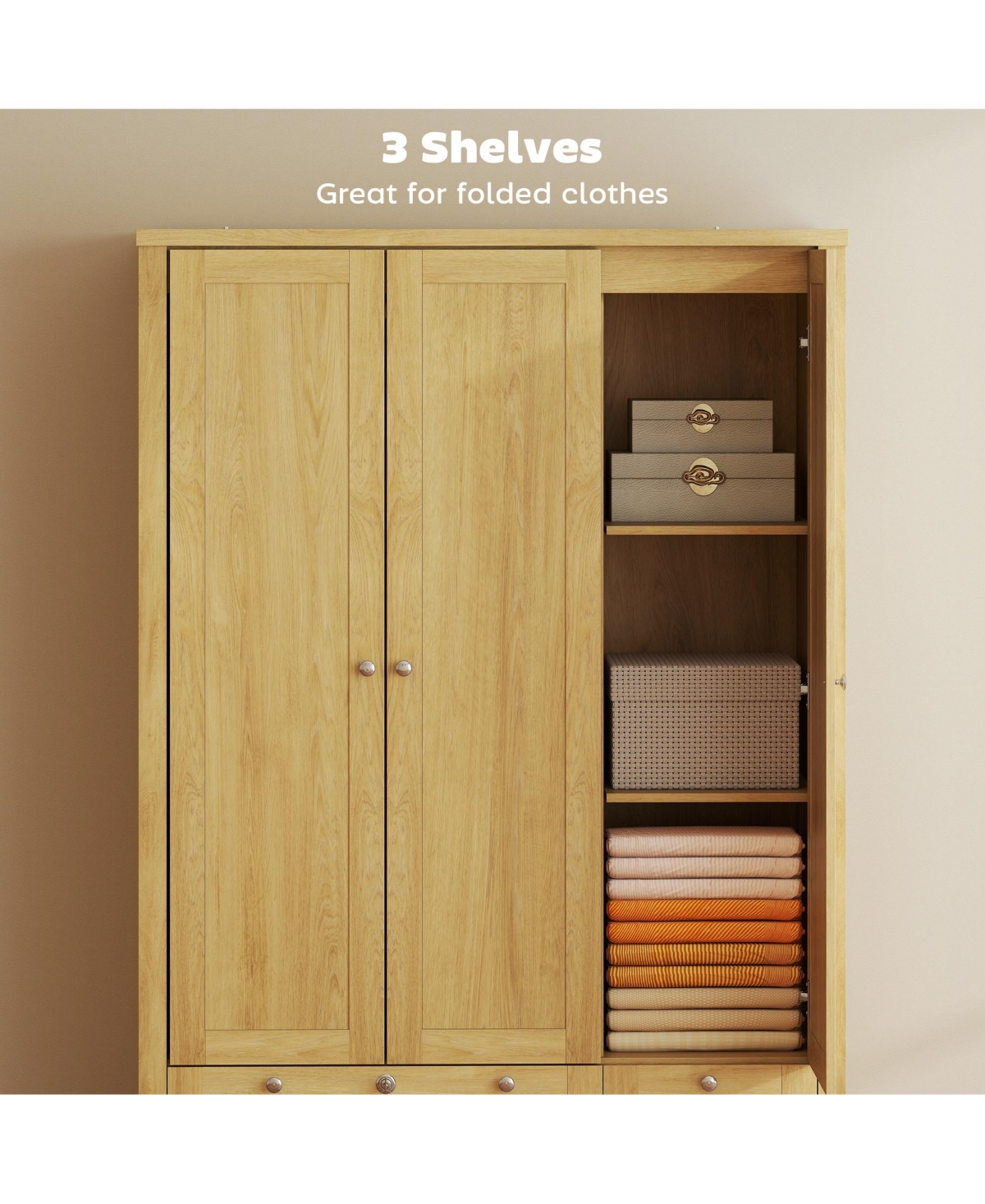 Homcom Wardrobe Closet with 3 Doors and 2 Drawers Bedroom Armoire Natural