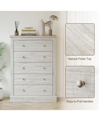 wood construction features five spacious drawers for organized bedroom storage, designed as a functional dresser