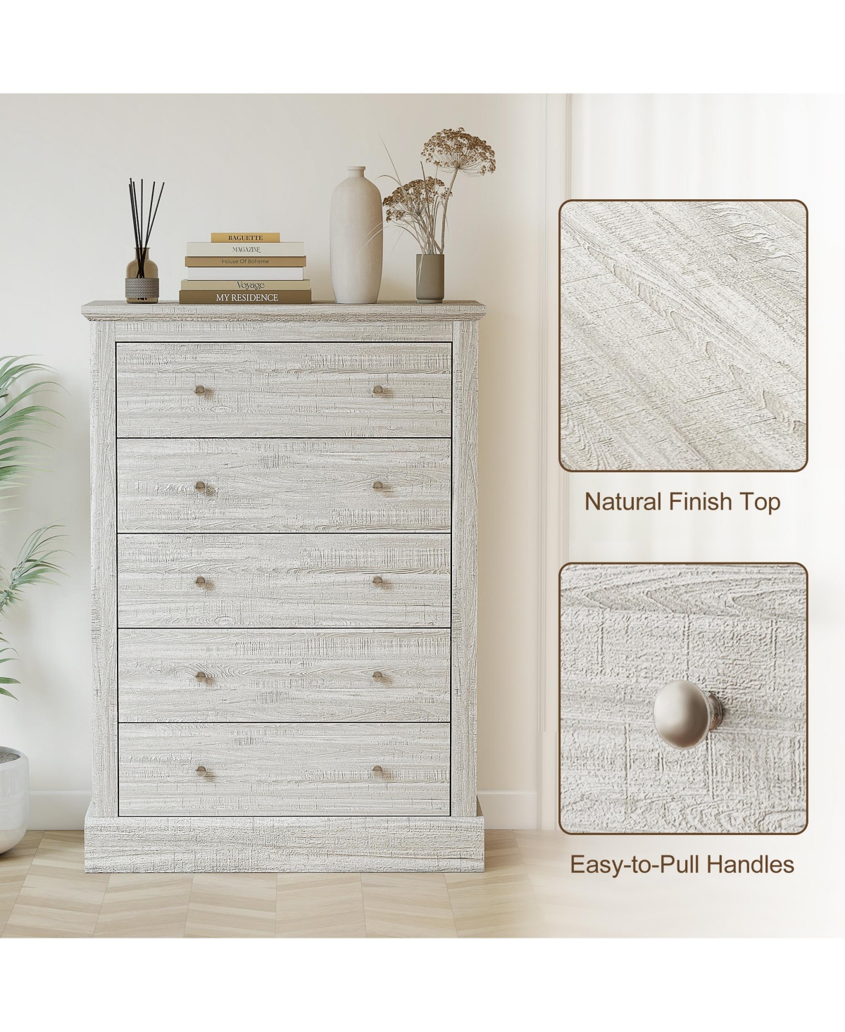 Homcom wood construction features five spacious drawers for organized bedroom storage, designed as a functional dresser