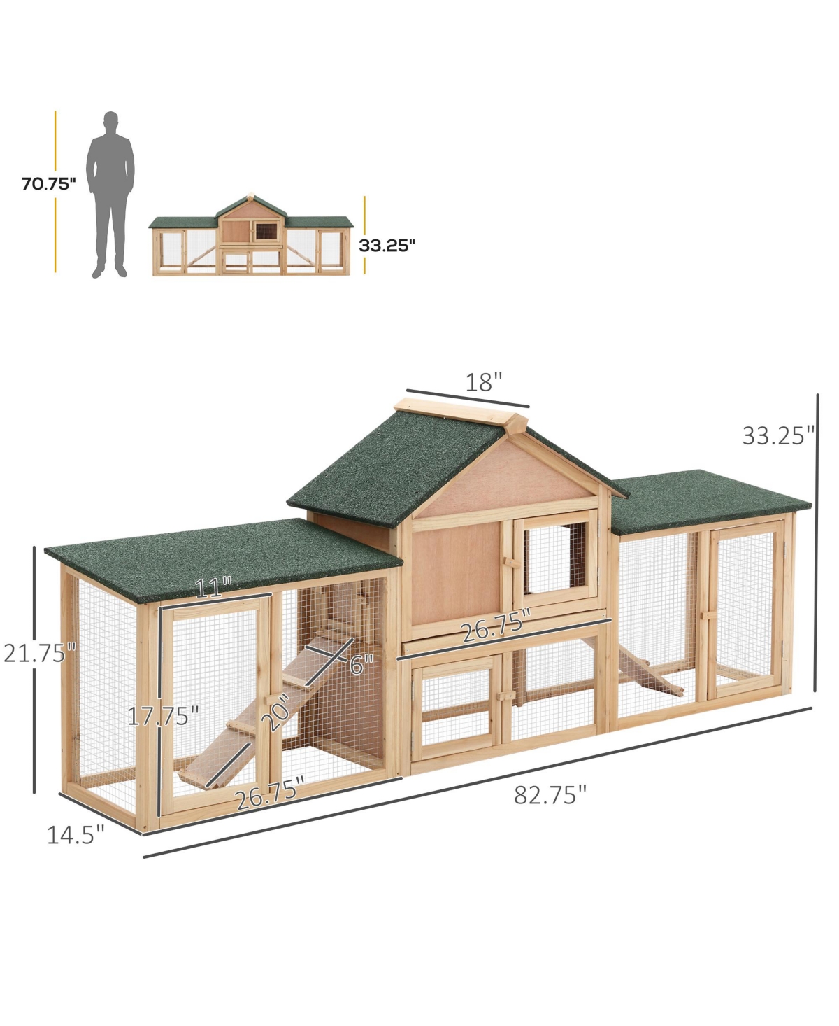 PawHut 83" Wooden Rabbit Hutch House with Run