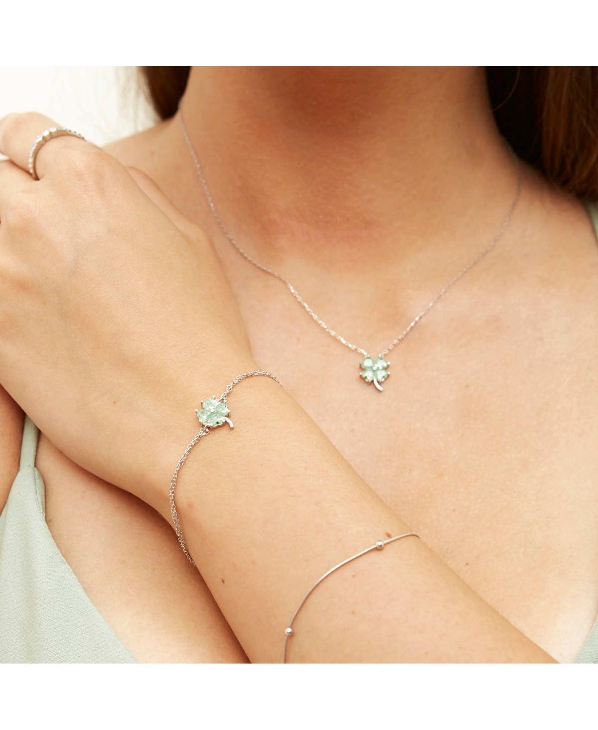 Sterling Silver Four Leaves Clover Bracelet - Green