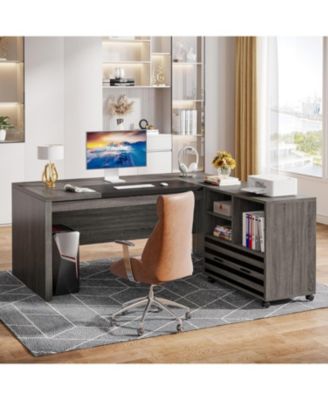 62.2" Gaming Table,Executive Desk with Mobile File Cabinet, L-Shaped Office Desk with Storage Shelves