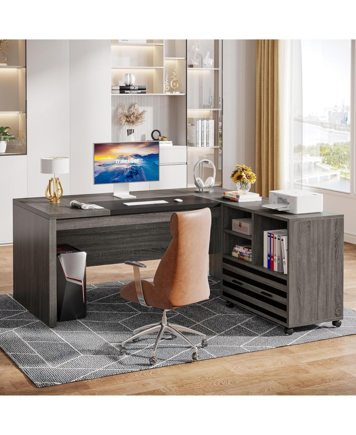 Tribesigns 62.2" Gaming Table,Executive Desk with Mobile File Cabinet, L-Shaped Office Desk with Storage Shelves