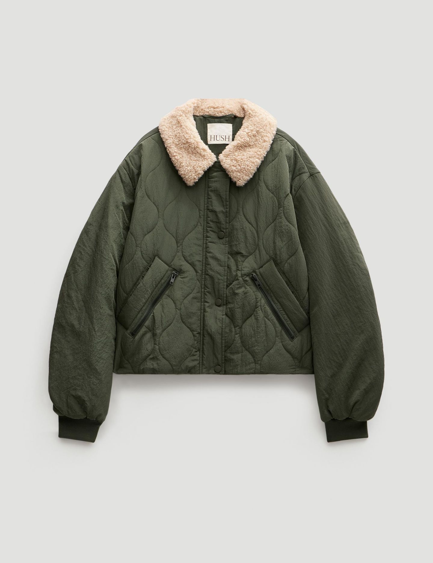 Женская куртка Hush Teddy Collar Quilted Bomber Jackets, цвет: Серый зелёный — фото 6