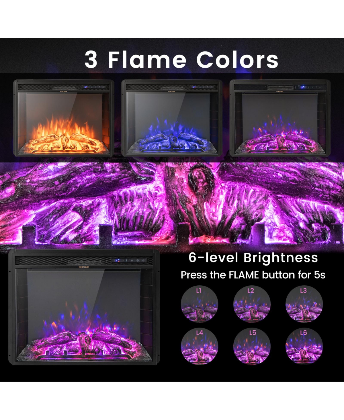 Sugift 26 Inch Recessed Electric Fireplace with Adjustable Flame Brightness