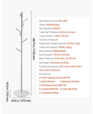 Marble Base Coat Rack Stand with 8 Hooks, Freestanding Design.