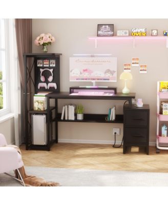 Gaming Desk with 2 Fabric Drawers and LED Lights, Reversible Computer Desk with Outlets & DIY Pegboard