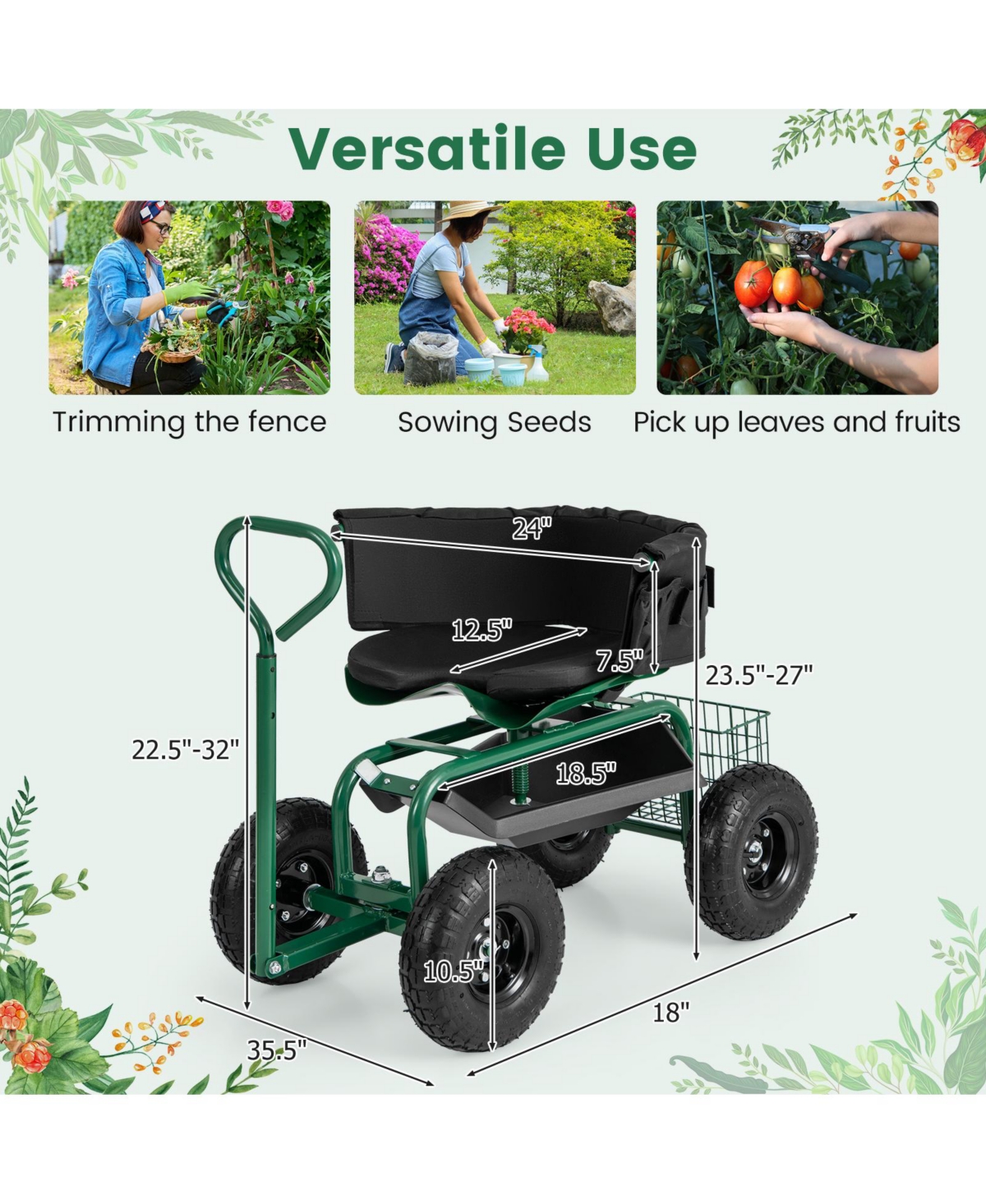 Sugift Cushioned Rolling Garden Cart Scooter with Storage Basket and Tool Pouch
