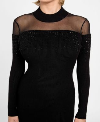 Women's Long Sleeve Jeena Embellished Sheer Panel Bodycon Dress