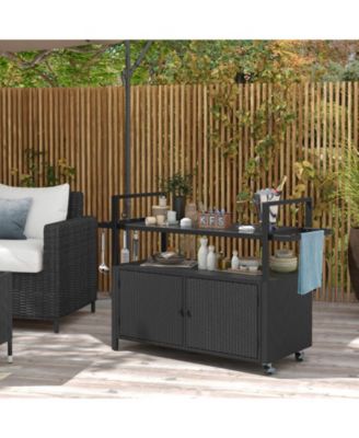 Outdoor Bar Cart Wicker Buffet Serving Cart with Cabinet and 8 Hooks.