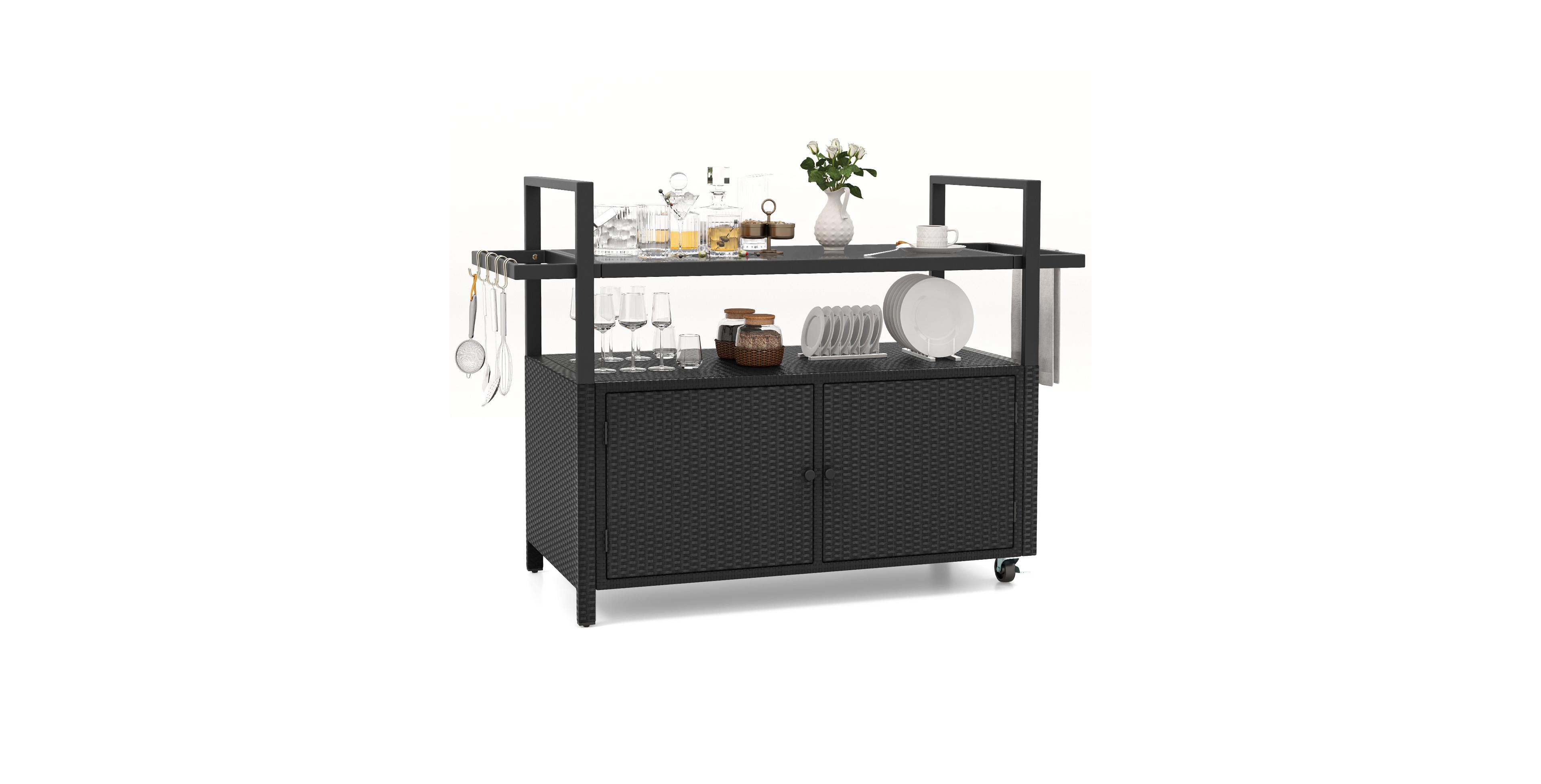 Sugift Outdoor Bar Cart Wicker Buffet Serving Cart with Cabinet and 8 Hooks.
