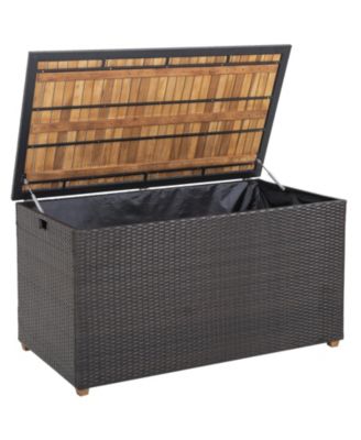 134 Gallon Rattan Storage Box With Zippered Liner And Solid Acacia Wood Top.