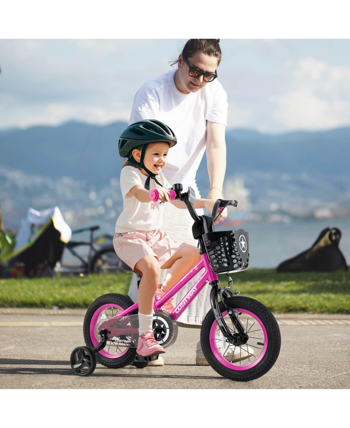 Costway 12" Kid s Bike with Training Wheels Adjustable Handlebar & Seat Handbrake