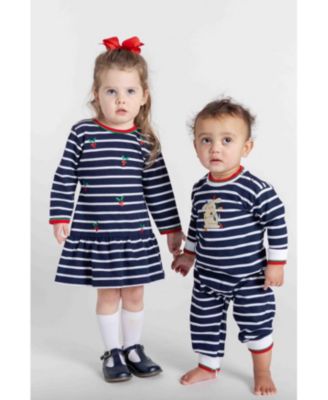 Toddler Girls Stripe Knit Dress With Embroidered Holly