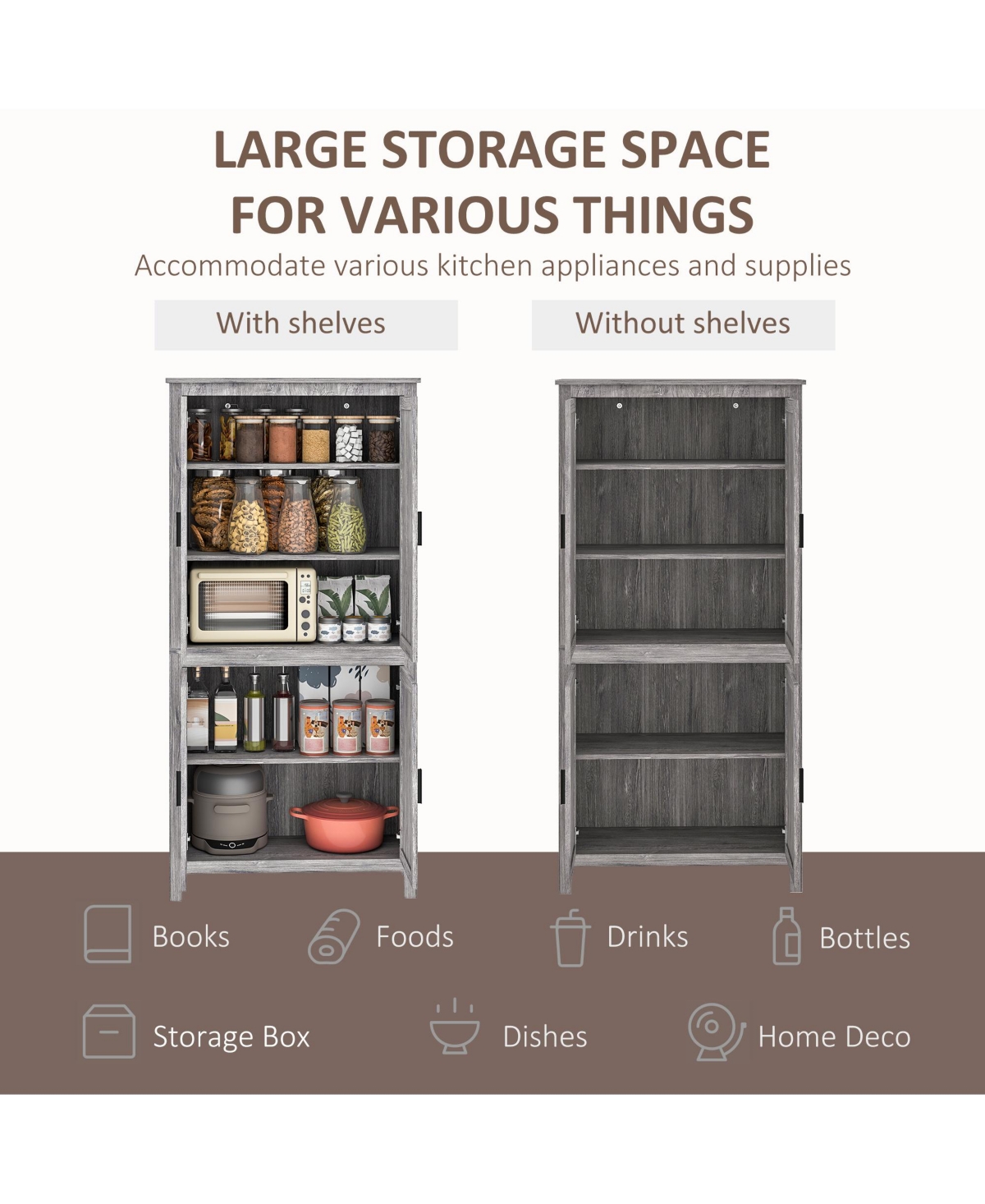 Homcom 64" Freesding Kitchen Pantry Food Storage Cabinet w/ Shelves,