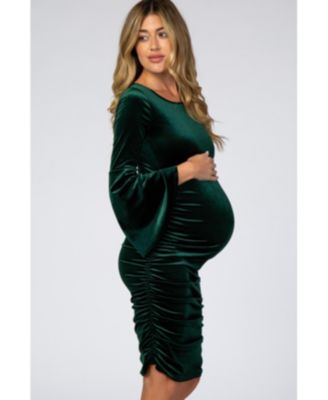 Maternity Forest Green Velvet Ruched Bell Sleeve Dress