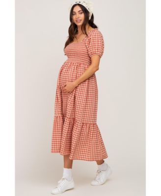 Maternity Rust Gingham Smocked Midi Dress