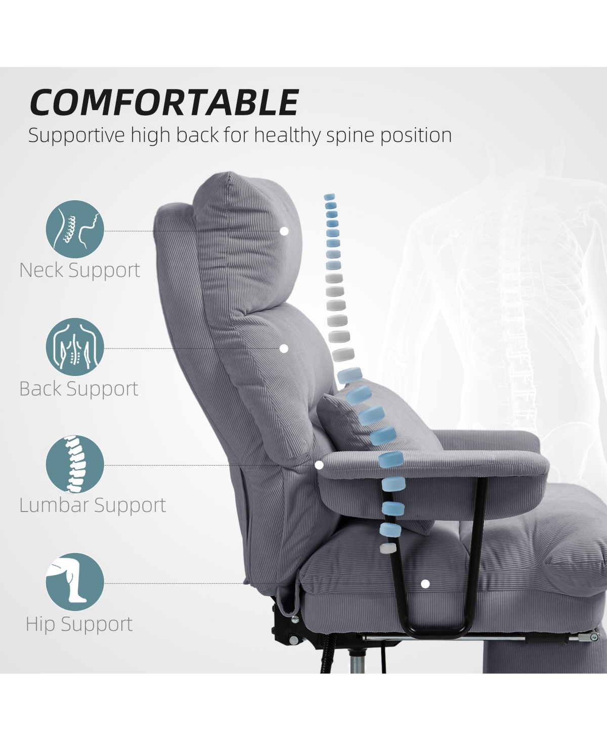 Homcom Large Office Chair, Reclining Desk Chair with Lumbar Support,