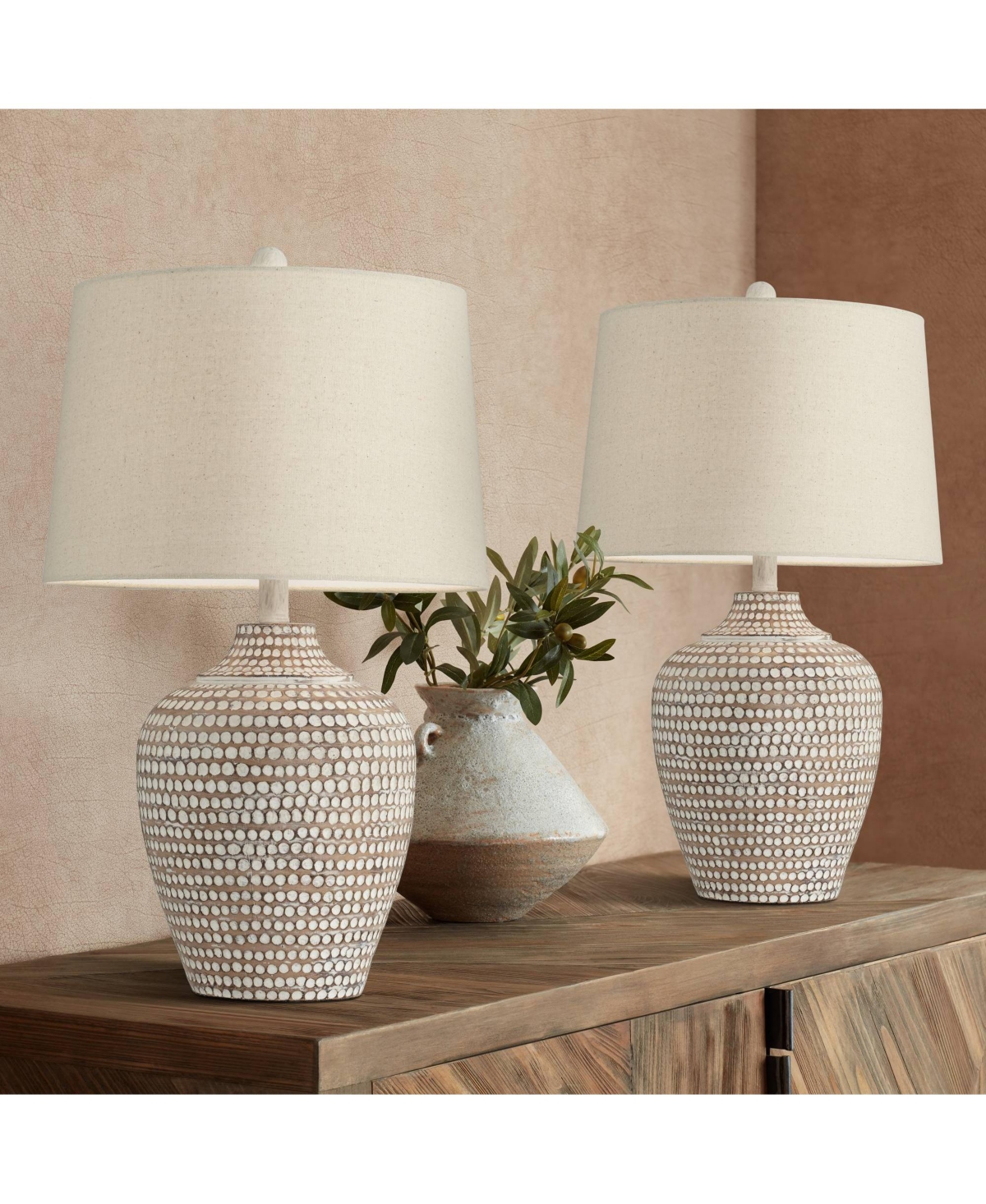 Regency Hill Alese 23 1/2" High Textured Dot Jug Farmhouse Rustic Accent Table Lamps Set of 2 Beige Light Earth Finish Living Room