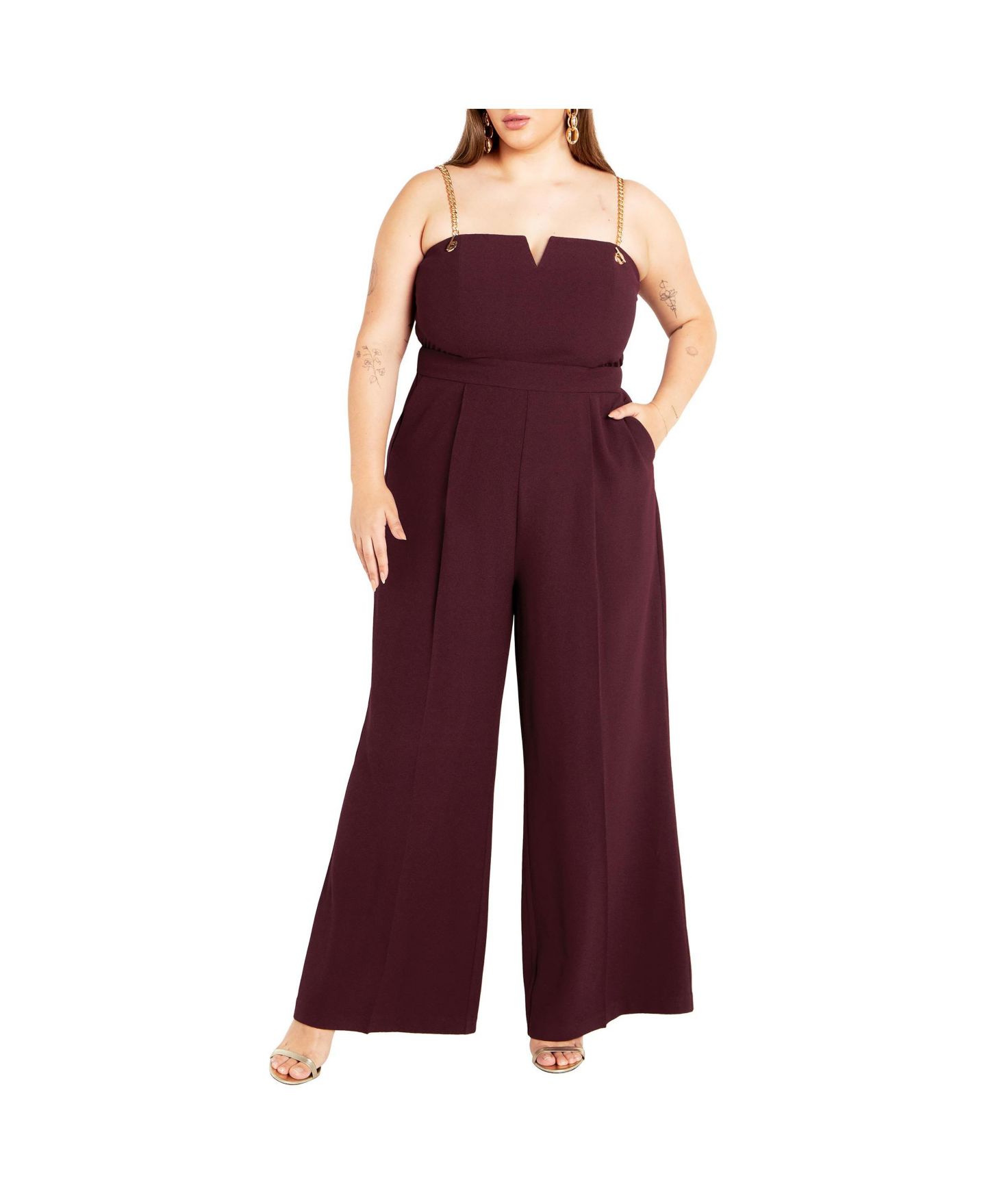 Женский комбинезон CITY CHIC Plus Size Ann Chain Sleeveless Wide Leg Jumpsuit, цвет: Тёмно-бордовый — фото 1