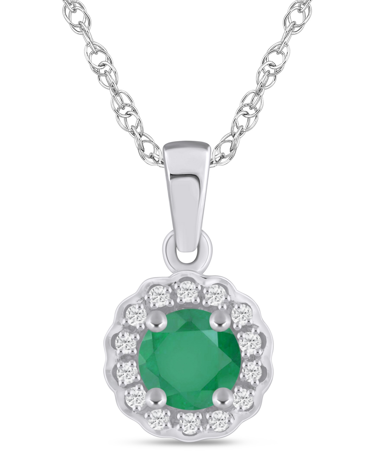 Macy's Gemstone and Diamond Halo Pendant Necklace (1/20 ct. t.w.) in 10k White Gold (also in 10k Yellow Gold) - Emerald