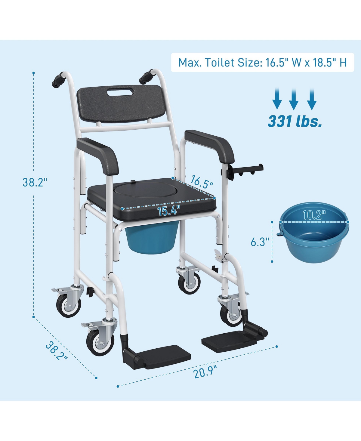 Shower Chair with Wheels, Bedside Commode Wheelchair for Seniors,