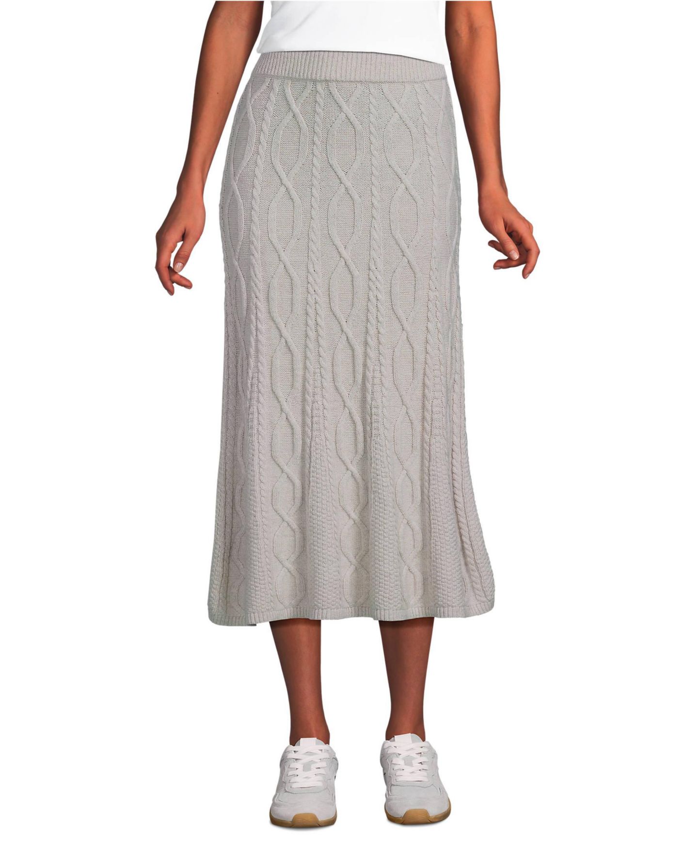 Женская юбка Lands' End Cozy Lofty Cable Fluted Midi Sweater Skirt, цвет: Овсяный рыжевато-коричневый меланжевый — фото 1