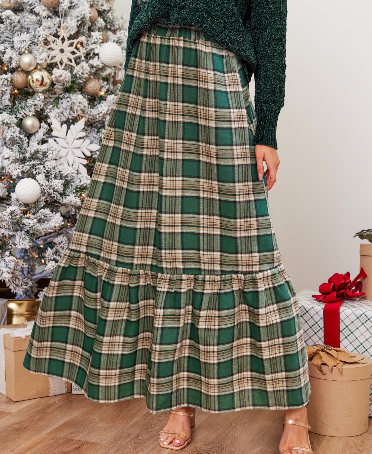 Cupshe Women's Plaid Ruffled Maxi Skirt.