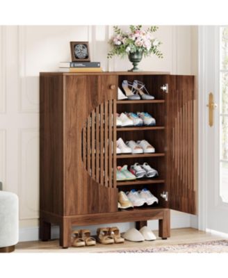 20 Pairs Shoe Storage Cabinet with Adjustable Shelves, Round Louvered Doors