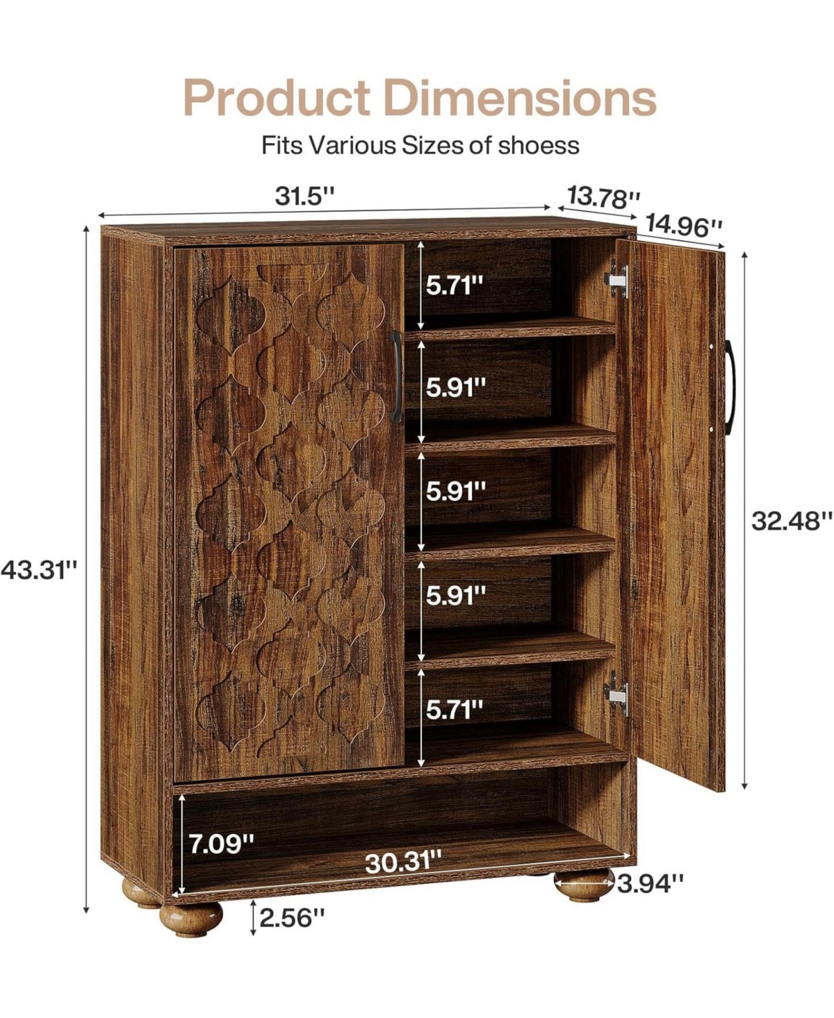 Tribesigns Shoe Cabinet with Doors, 6-Tier Shoe Rack with Adjustable Shelves and Solid Wood Feet