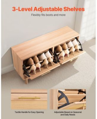 Wood Shoe Bench with Flip Drawer and Rattan-Like Detailing