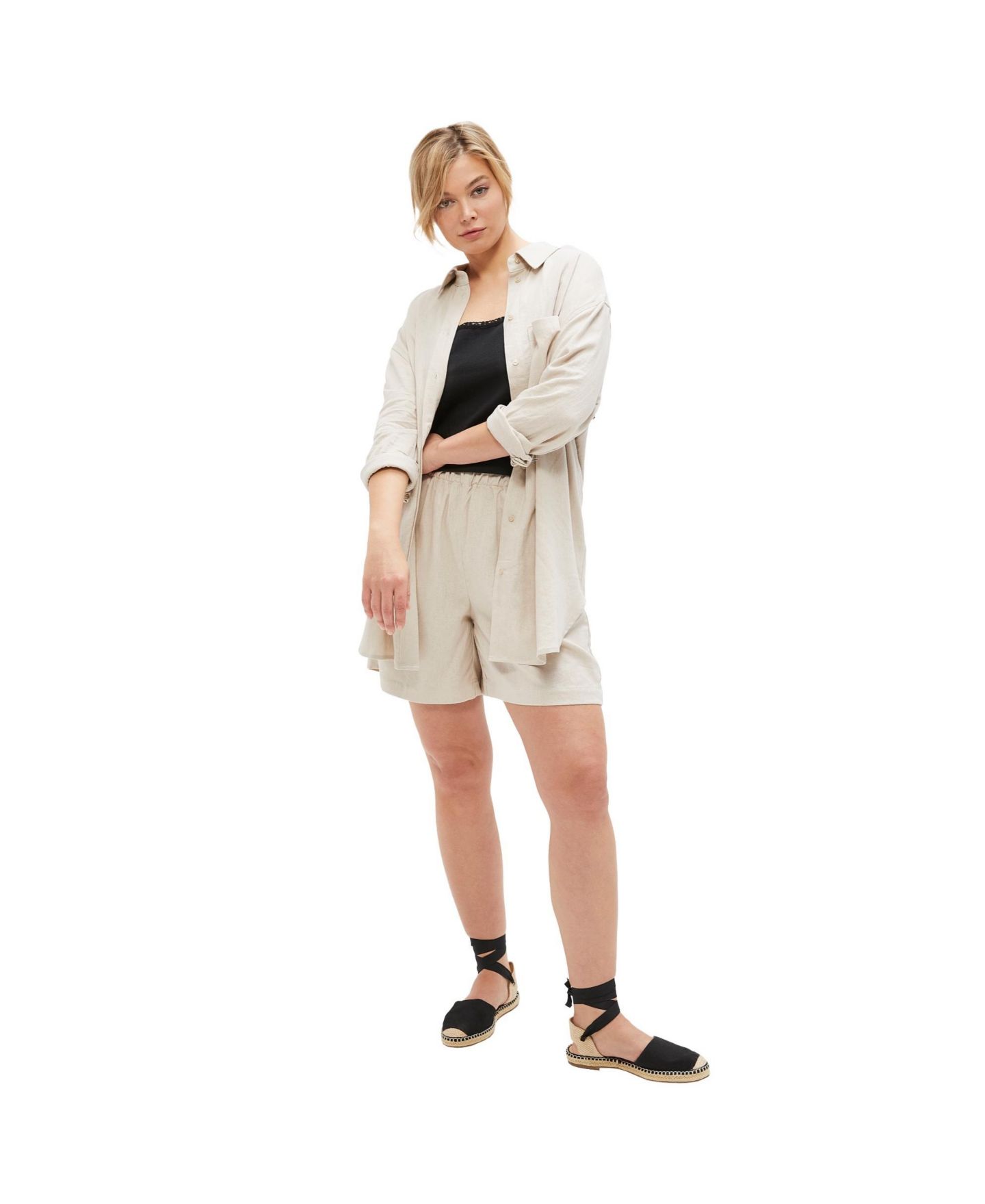 Женские шорты ellos Plus Size Linen-Blend Pull-On Elastic Waist, цвет: Меланжевый песочный — фото 1