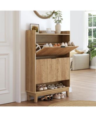 Narrow Shoe Cabinet with 2 Flip Drawers, Hidden Shoe Storage with Open Shelf, 31.5&amp;#x22; Wide