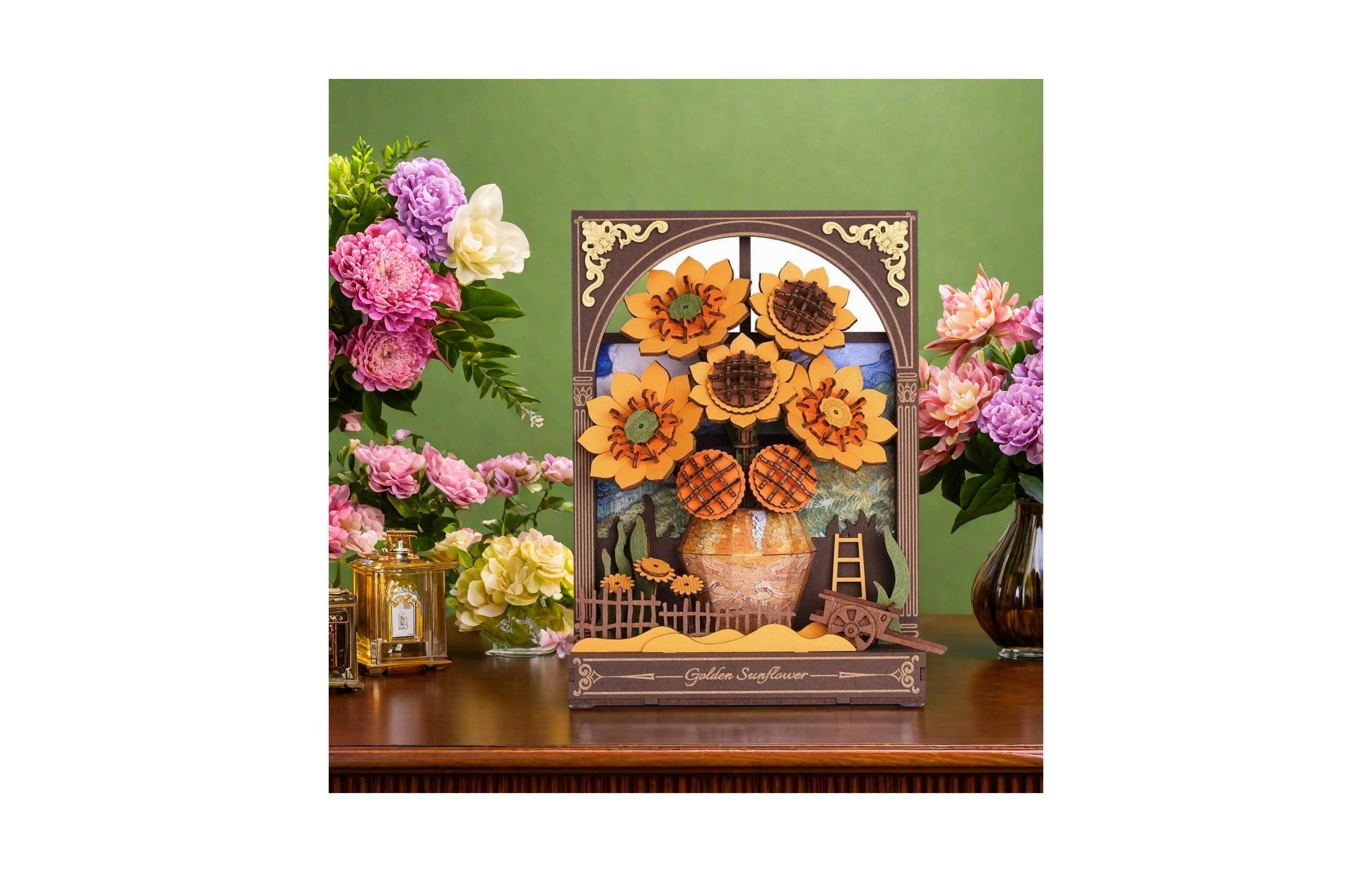 Robotime 3D Puzzles Wooden Puzzle Glittering Golden Sunflower Wall Art, Home Decor, Home Decor, Unique Holiday Gifts for Adult, Yellow, 3.1"6.5&#