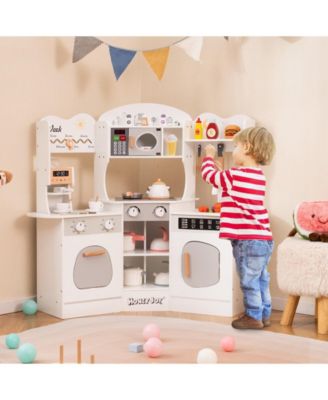 Corner Wooden Play Kitchen with Coffee Machine and Slide for Kids