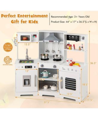 Pretend Play Kitchen Wooden Toy Set with Range Hood Real Sounds and Lights-White