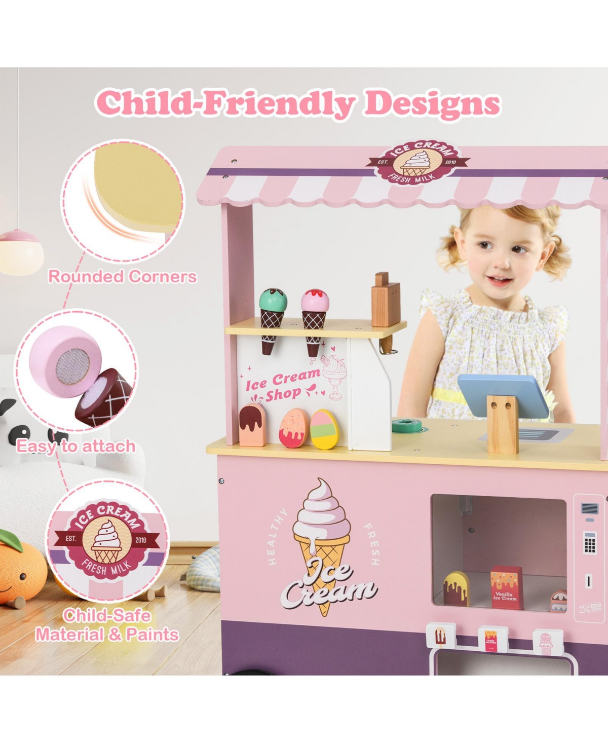 Skonyon Wooden Ice Cream Cart Playset with Vending Machine & Accessories