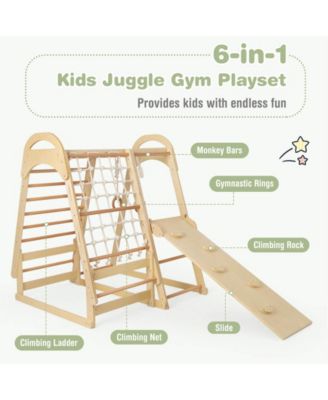 6-in-1 Wooden Kids Jungle Gym Playset with Slide Climbing Net-Natural