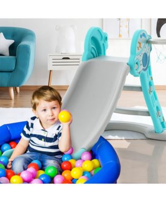 Sugif 3-in-1 Folding Slide Playset with Basketball Hoop and Small Basketball-Blue