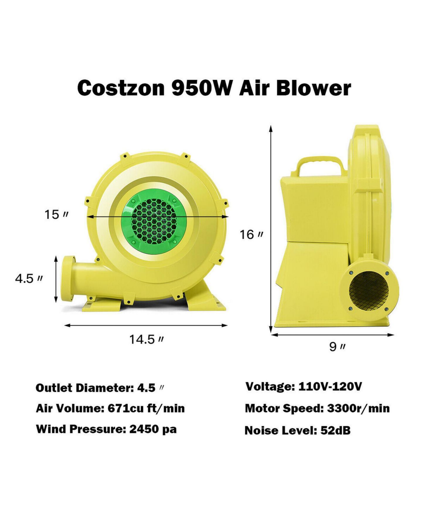 Детские игрушки SUGIFT 950 W 1.25 Hp Portable Air Blower Pump for Inflatable Bounce Houses, Ages 14+, цвет: Жёлтый — фото 3