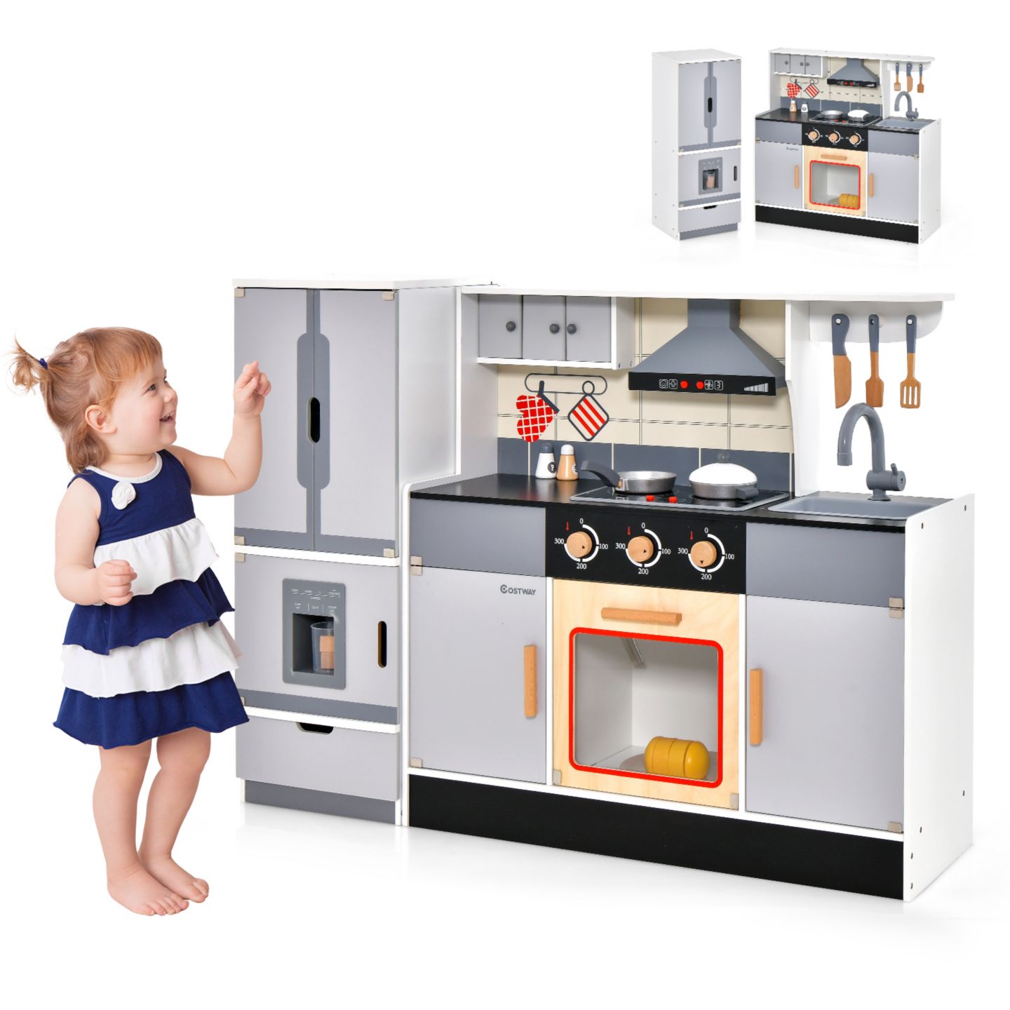 Детские игрушки SUGIFT 2-in-1 Wooden Play Kitchen and Refrigerator with Light and Sound Effects, 14-Piece Accessory Set, Ages 3+, цвет: Серый — фото 1