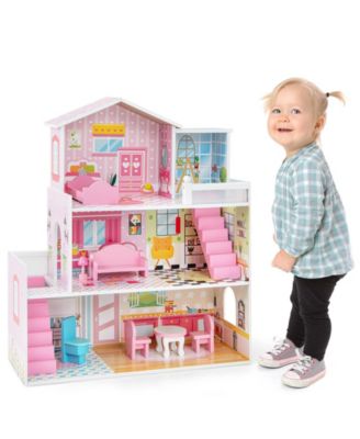 Kids Wooden Dollhouse Playset with 5 Simulated Rooms and 10 Pieces of Furniture