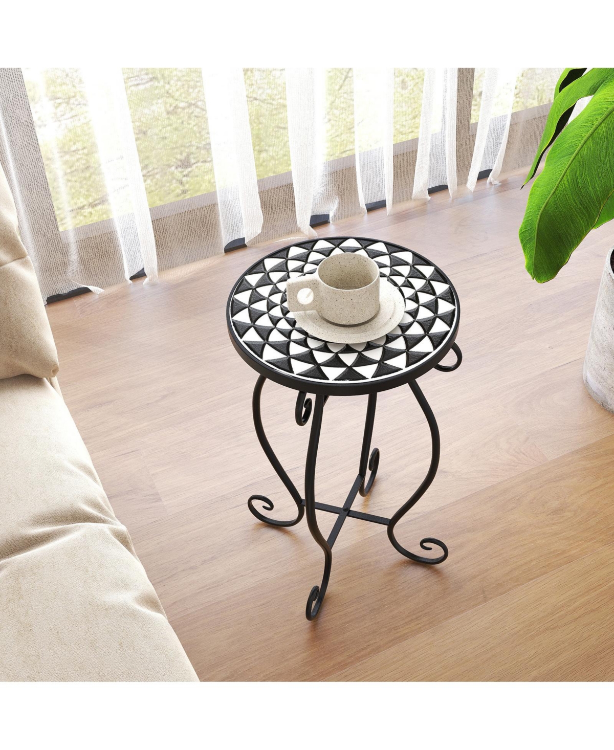 Sugift Small Plant Stand With Weather Resistant Ceramic Tile Tabletop.