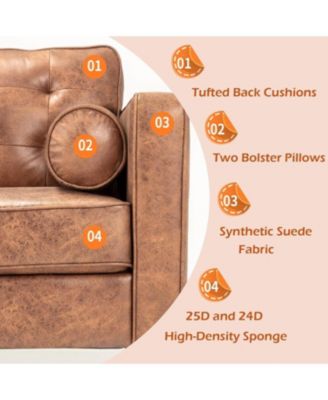 Faux Leather Sofa, 84.2-Inch Mid Century Modern 3-Seater Couch with 2 Bolster Pillows